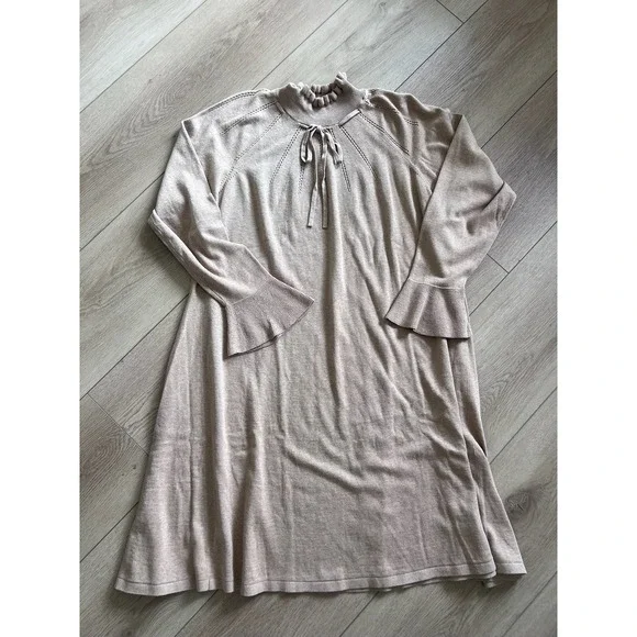 Lands' EndTaupe Brown Ruffle Mock Neck Front A-Line Long Sleeve Sweater Dress - Picture 5 of 6